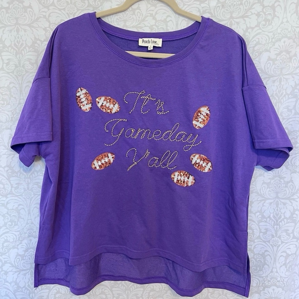 Peach Love California Purple Sequin Football Tee